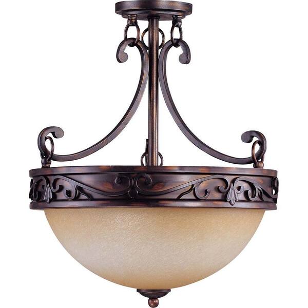 Glomar Pickford Distressed Bronze 3 Light Semi Flush With Brushed Wheat Glass-DISCONTINUED