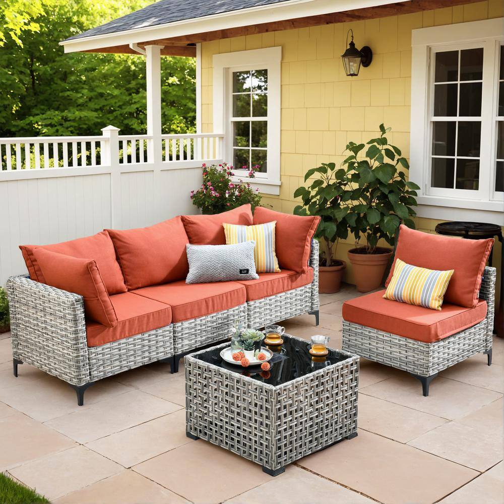 Holston 5-Piece Wicker Modern Outdoor Patio Conversation Sofa Sectional Set with Red Cushions price history on PriceWatchPro