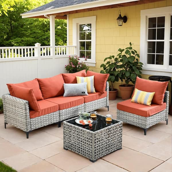 HOOOWOOO Holston 5-Piece Wicker Modern Outdoor Patio Conversation Sofa Sectional Set with Red Cushions