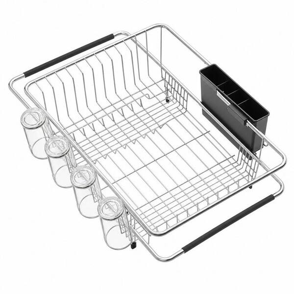 Expandable Stainless Steel Dish Drainers with Utensil Holder, Dish Dryer Rack for Inside Sink, Silver