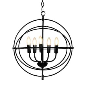 20 in. 5 Lights Black Metal Pendant Light with Pivoting Interlocking Rings