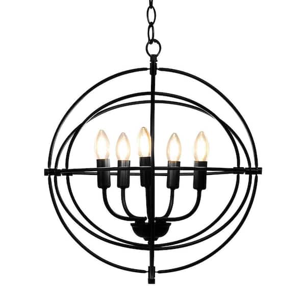 20 in. 5 Lights Black Metal Pendant Light with Pivoting Interlocking Rings