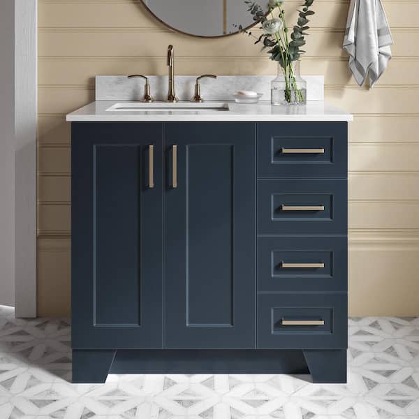 ARIEL Taylor 37 in. W x 22 in. D x 35.25 in. H Freestanding Bath Vanity in Midnight Blue with Carrara White Marble Top