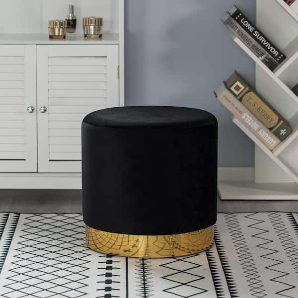 Papasan Chair Black Modern Round Velvet Fabric Standard Ottoman Stool with Gold Base