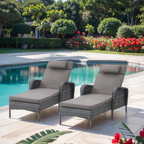 Gymojoy Carolina Gray 2-Piece Wicker Outdoor Chaise Lounge Recliner with Gray Cushions