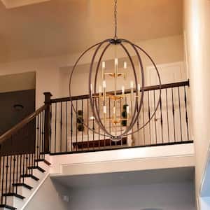 Newlyn 12-Light Brown Aged Brass Candle Globe Cage Industrial Tiered Large Chandelier for Living Room