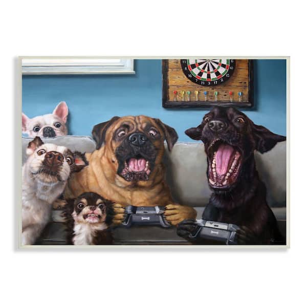 "Funny Dogs Playing Video Games Pet Portrait" by Lucia Heffernan Unframed Animal Wood Wall Art Print 10 in. x 15 in.