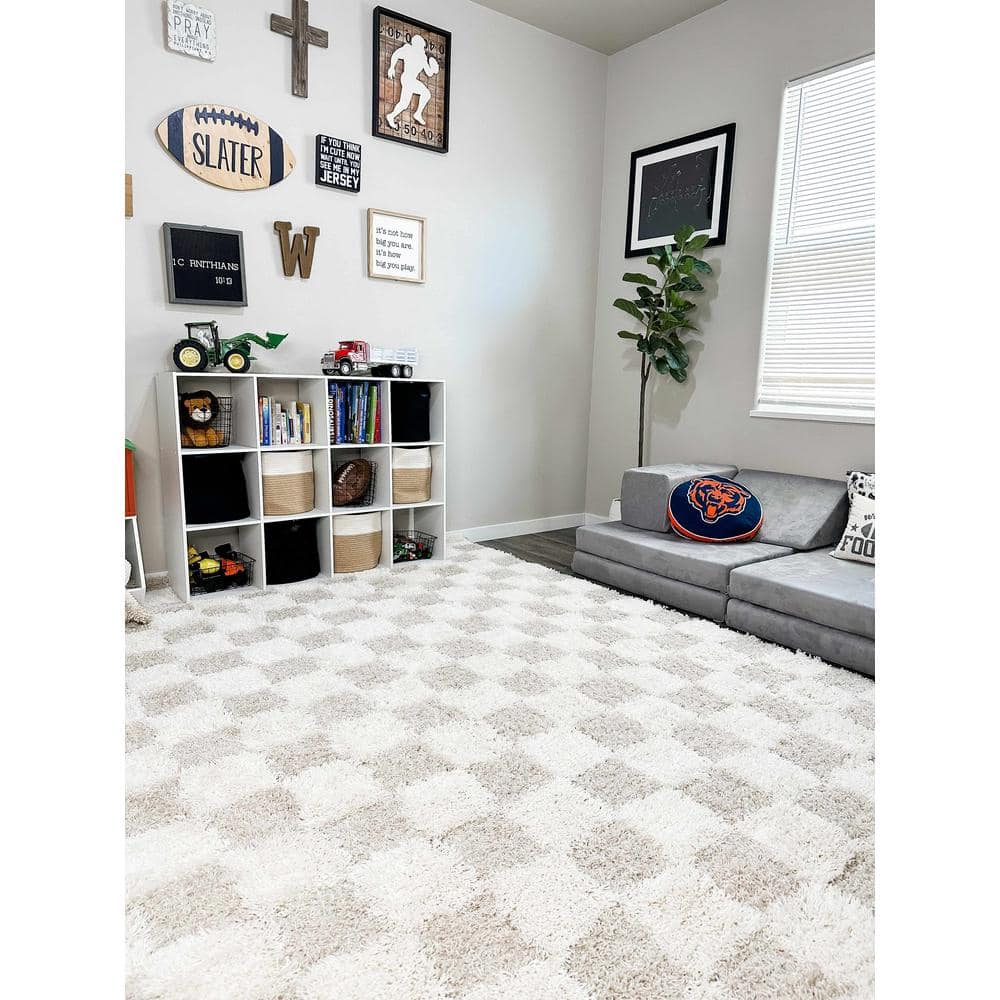 Hauteloom Etiler Checkered Shag Area Rug - Checkboard Design - High Pile Fluffy Shaggy Touch - Square Tiles - Kids Room, Nursery, Living Room Shaggy Carpet - Beige, Cream, White - 7'10" x 10'3"