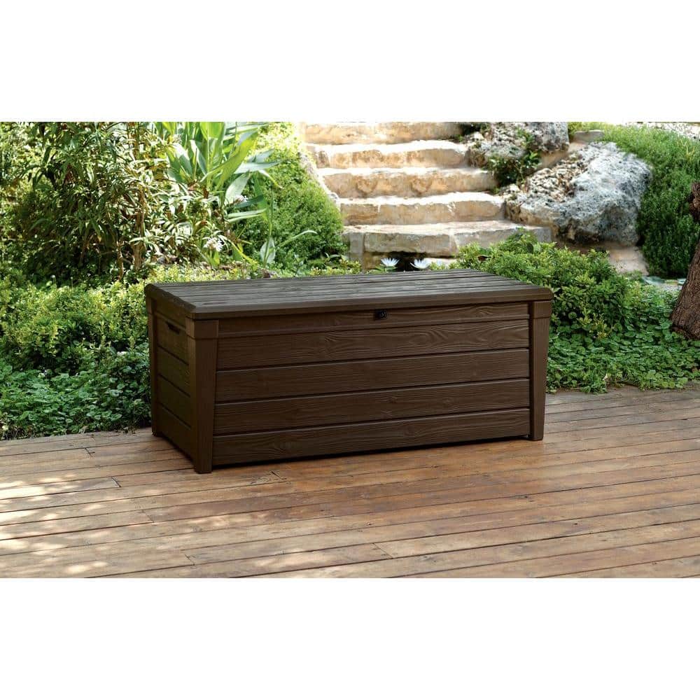 Keter Brown 120 Gallon Lockable Plastic Wicker Deck Box