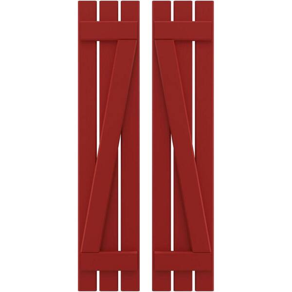 Ekena Millwork 11-1/2 in. W x 77 in. H Americraft 3-Board Exterior Real Wood Spaced Board and Batten Shutters with Z-Bar in Fire Red