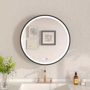 24 in. W x 24 in. H Round Black Aluminum Surface Framed LED Light Medicine Cabinet with Mirror, Anti-Fog, Left Door