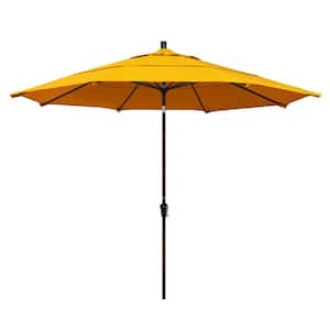 11 ft. Bronze Aluminum Market Patio Umbrella with Auto Tilt Crank Lift in Sunflower Yellow Sunbrella