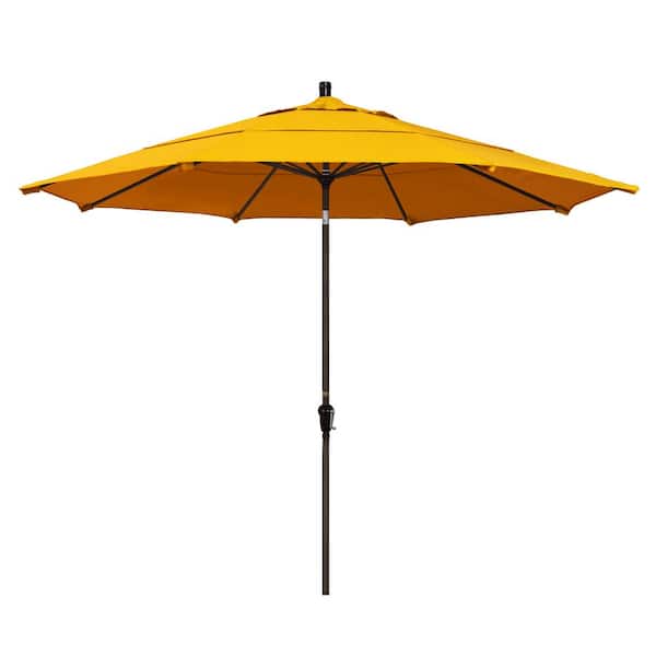 California Umbrella 11 ft. Bronze Aluminum Market Patio Umbrella with Auto Tilt Crank Lift in Sunflower Yellow Sunbrella