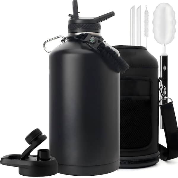 128 oz. Insulated Stainless Steel Water Bottle, Portable Sport Half Gallon Bottle, Carrier Bag & Handle Strap, Black
