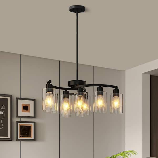 30 in. 9-Light Matte Black Modern Chandelier with Clear Glass Shades