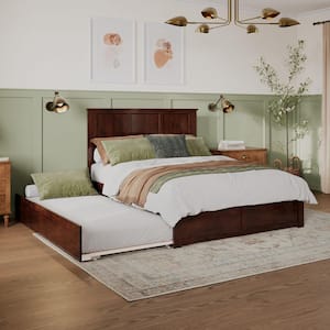 Madison Walnut Brown Solid Wood Frame Queen Platform Bed with Footboard and Twin XL Trundle