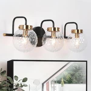 Modern 3-Light Black Vanity Light Brass Wall Light with Raspberry Glass Shade for Bathroom Vanity Mirror and Powder Room
