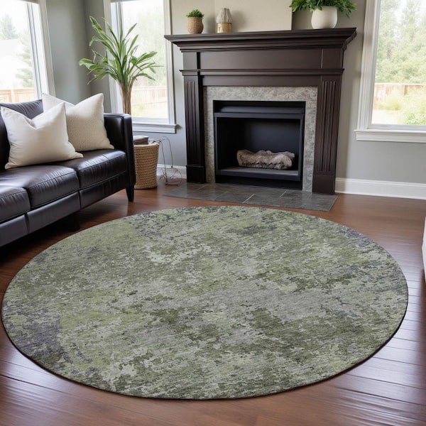 Mayfield Premium Machine Washable Abstract AMF1162 Green 8 ft. x 8 ft. Round Rug