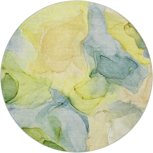 Dream Shag Premium Machine Washable Abstract ADS504 Yellow 8 ft. x 8 ft. Round Rug