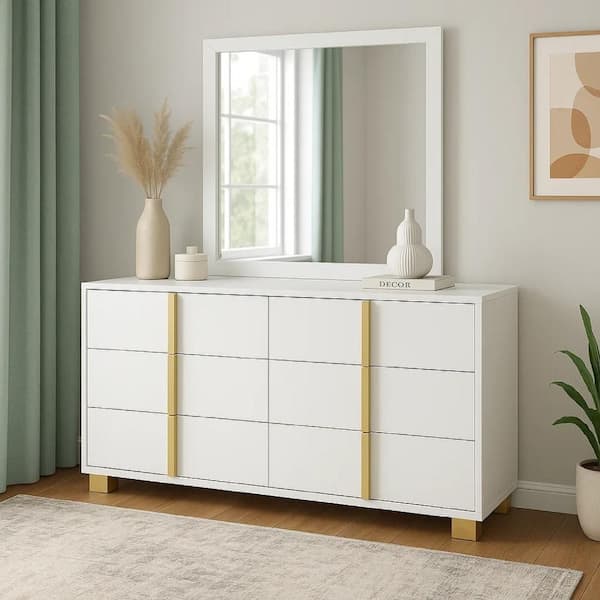 Dex White and Gold 6 Drawer 16.25 in. Dresser with Mirror
