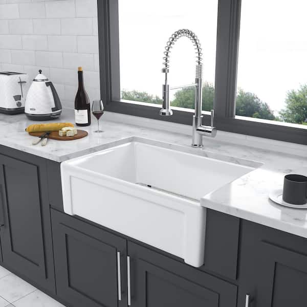 Unbranded 30 in. Farmhouse Single Bowl White Ceramic Kitchen Sink with Bottom Grids