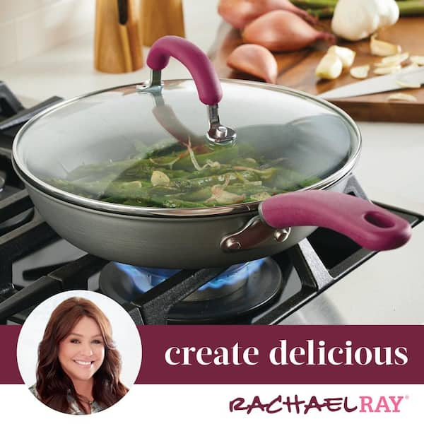 Rachael Ray Create Delicious 10.25 in. Hard-Anodized Aluminum Nonstick Skillet in Burgundy and Gray with Glass Lid