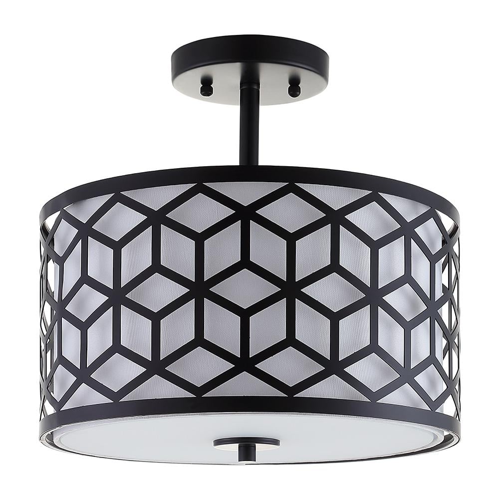 Ali 13 in. 2-Light Matte Black Semi-Flush Mount with White Fabric Shade