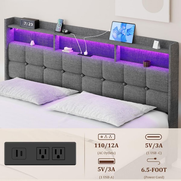 Light Gray Wood Frame King Size Upholstered Platform Bed with LED Lights, Charging Station, Headboard and 2-Drawers