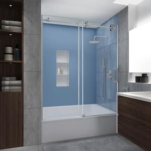 Langham XL 56 - 60 in. W x 70 in. H Frameless Sliding Tub Door in Stainless Steel with StarCast Clear Glass, Right