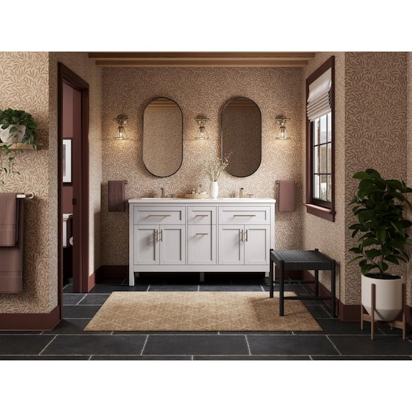 KOHLER Hadron 60.75in. Double Sink Freestanding Atmos Grey Bath Vanity with White Quartz Top Assembled
