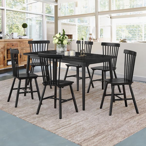 Windsor Classic Black Solid Wood Dining Chairs with Curving Spindle Back for Kitchen and Dining Room Set of 6