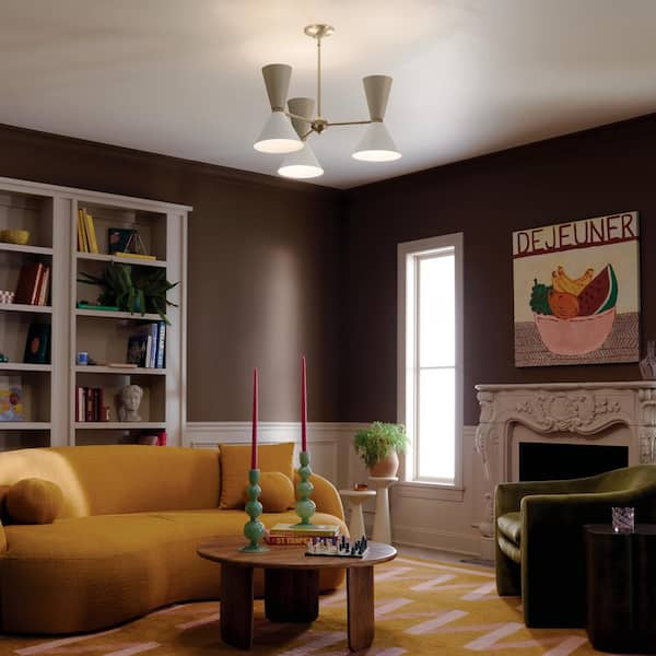 Phix 30.75 in. 6-Light Champagne Bronze and Greige White Mid-Century Modern Shaded Chandelier for Dining Room