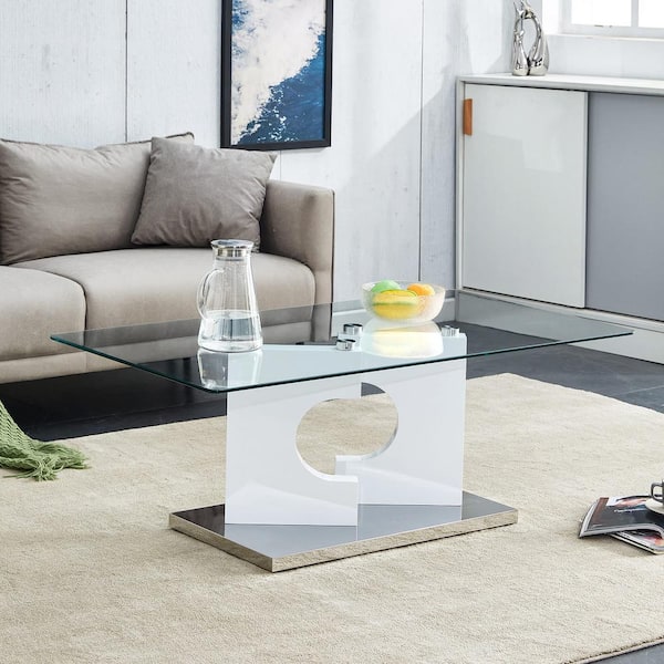 Zeus & Ruta 47.2 in. x 25.5 in. x 18 in. Rectangle Coffee Table With Tempered Glass Tabletop And White MDF Legs For Living Room