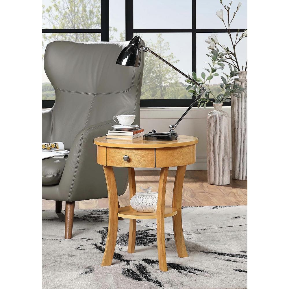 Natural Round Wood End Table with Storage Drawer