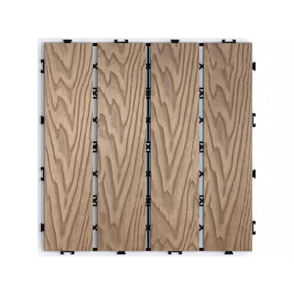 Teak Wood-Plastic Composite Patio Deck Tiles, 12 in. x 12 in. Interlocking Deck Tiles (11-Pack)