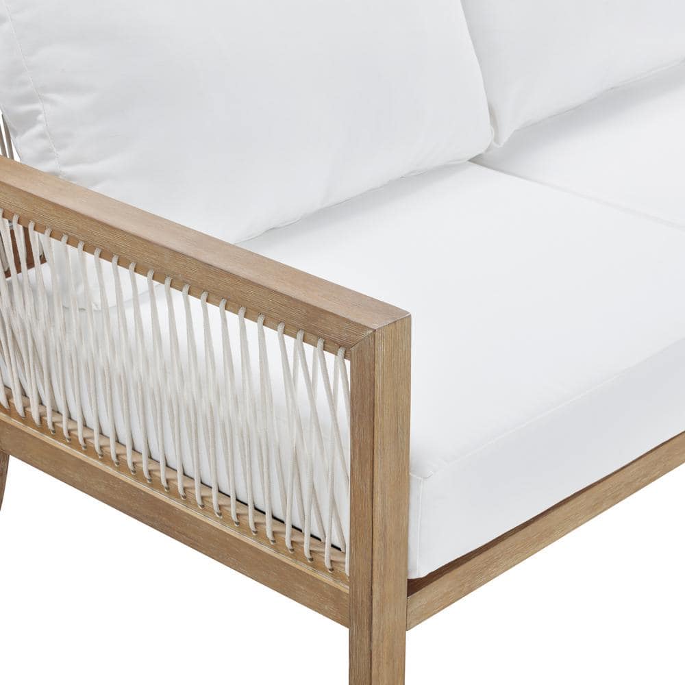 Freya Light Brown Acacia Wood Patio Loveseat with White Cushions