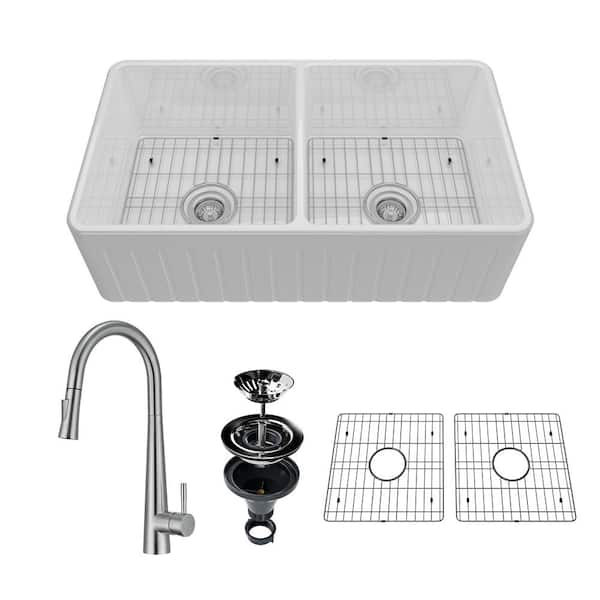 33 in. Undermount Farmhouse Double Bowl White Fine Fireclay Double-Sided Kitchen Sink with Faucet and Accessories