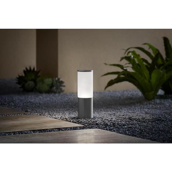 Hampton Bay Hartford Smart 351 Lumen 10 in. LED Low Voltage Hardwired Outdoor Bollard Light in Aluminum Finish Powered by Hubspace