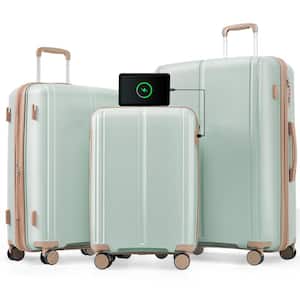 Light-Weight 3-Piece Gray Green and Golden 20 in. x 24 in. x 28 in. Expandable PP Spinner Luggag Set w/TSA Lock USB Port