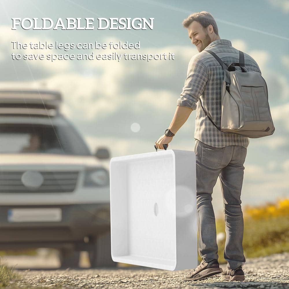 White Folding Steel Ice Cooler Table with Drain and Storage Shelf