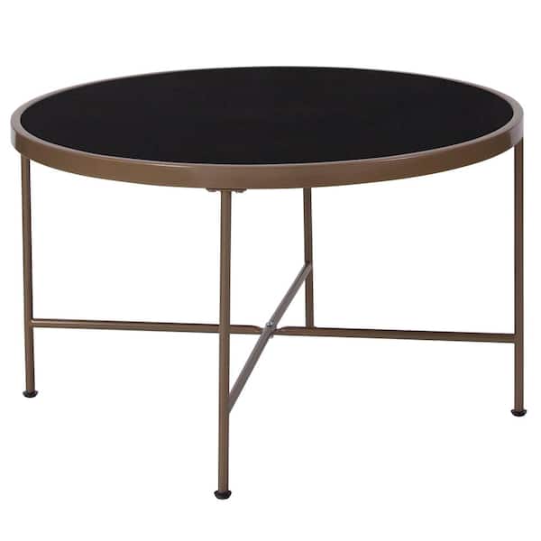 Carnegy Avenue 30 in. Black/Matte Gold Medium Round Glass Coffee Table