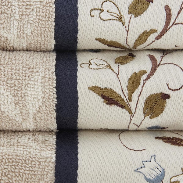 6-Piece Navy Embroidered Jacquard 100% Cotton Bath Towel Set, Oeko