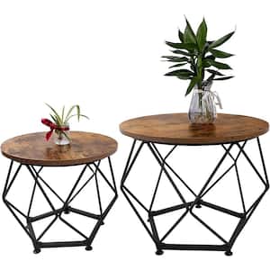 Rustic Brown Round Coffee Table Set of 2 for Small Space Living Room Bedroom Office
