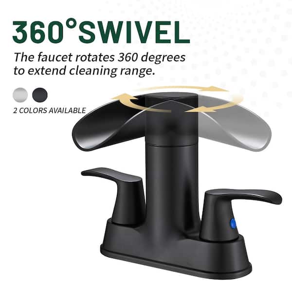 Rotatable 4 in. Centerset Double Bathroom Faucet with Drain kit Included Waterfall Lavatory in Matte Black