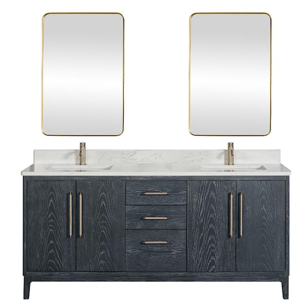 ROSWELL Gara 72 in. W x 22 in.D x 33.9 in.  H Double Sink Bath Vanity Blue White Grain Composite Stone Top Mirror