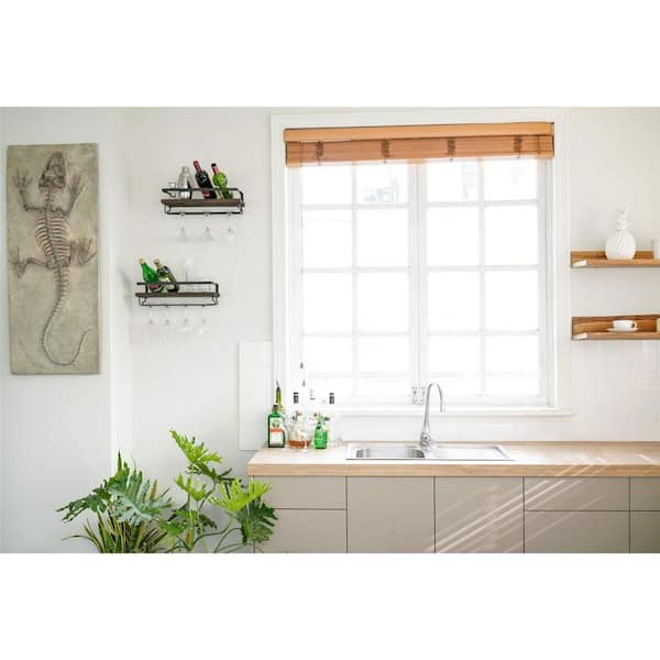 Vintage Rustic Wood Finish Wall Mounted Stemware Rack Set of 2, Floating Shelves with Glass Holder