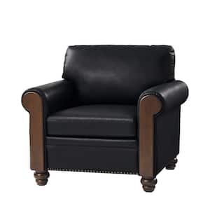 Hilario Black Transitional Leather Armchair with Solid Wood Legs