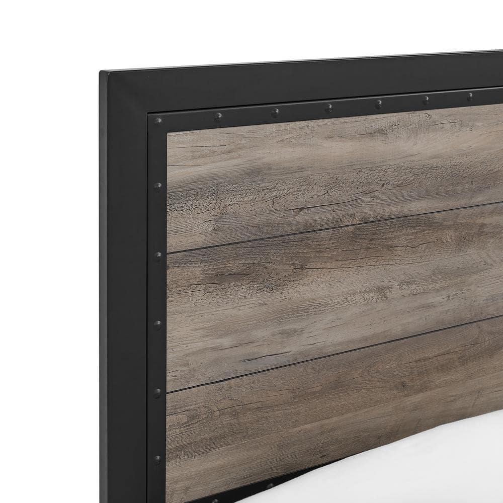 Rustic Industrial Queen Panel Bed with Wood Accents, Grey Wash