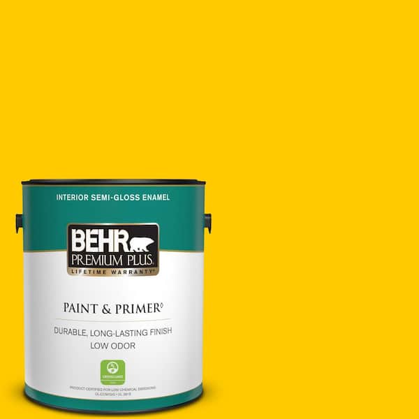 BEHR PREMIUM PLUS 1 gal. #370B-7 Yellow Flash Semi-Gloss Enamel Low Odor Interior Paint & Primer