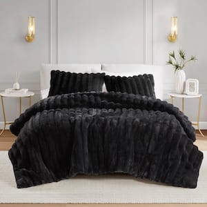 Dahlia Polyester Black Faux Fur King Comforter Set